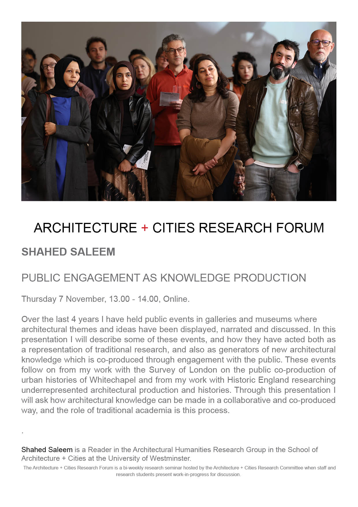 Architecture + Cities Research Seminar: Shahed Saleem “Public Engagement as Knowledge Production” | Thursday, November 7 at 13:00 (GMT) | Online